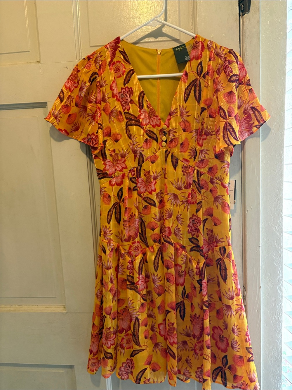 Taylor Yellow Dress with Pink and Burgundy Floral Print